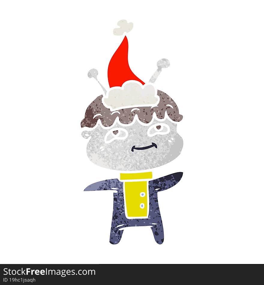 friendly retro cartoon of a spaceman wearing santa hat