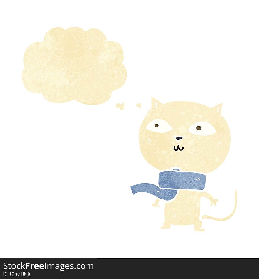 cartoon funny cat wearing scarf with thought bubble