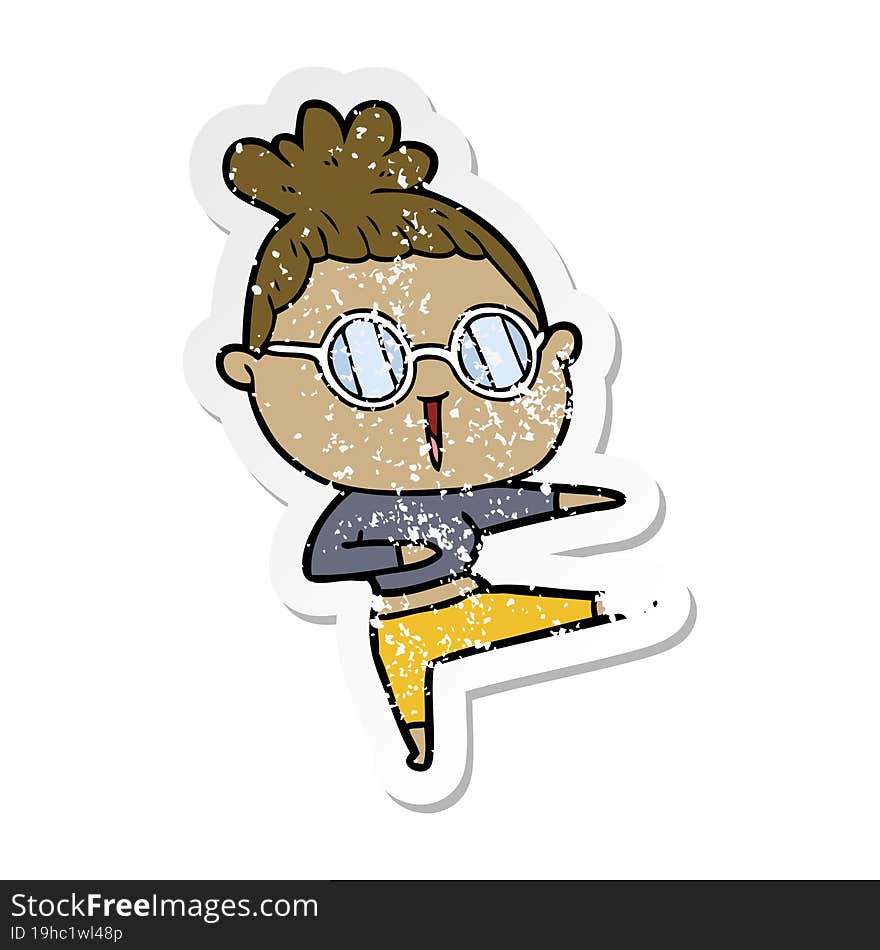 distressed sticker of a cartoon woman wearing spectacles