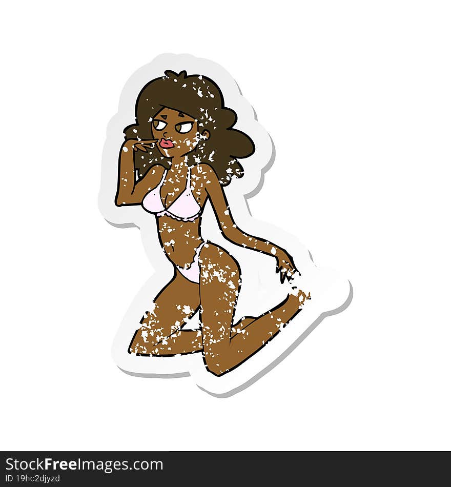 retro distressed sticker of a cartoon woman in underwear looking thoughtful