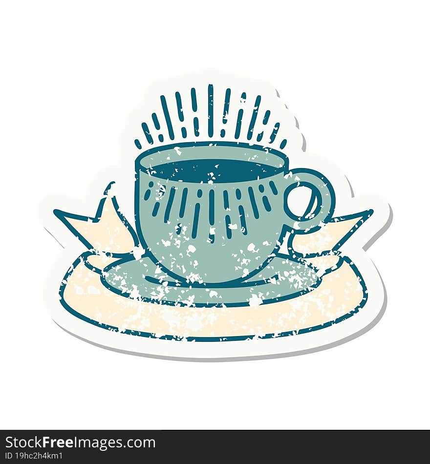 Grunge Sticker With Banner Of Cup Of Coffee