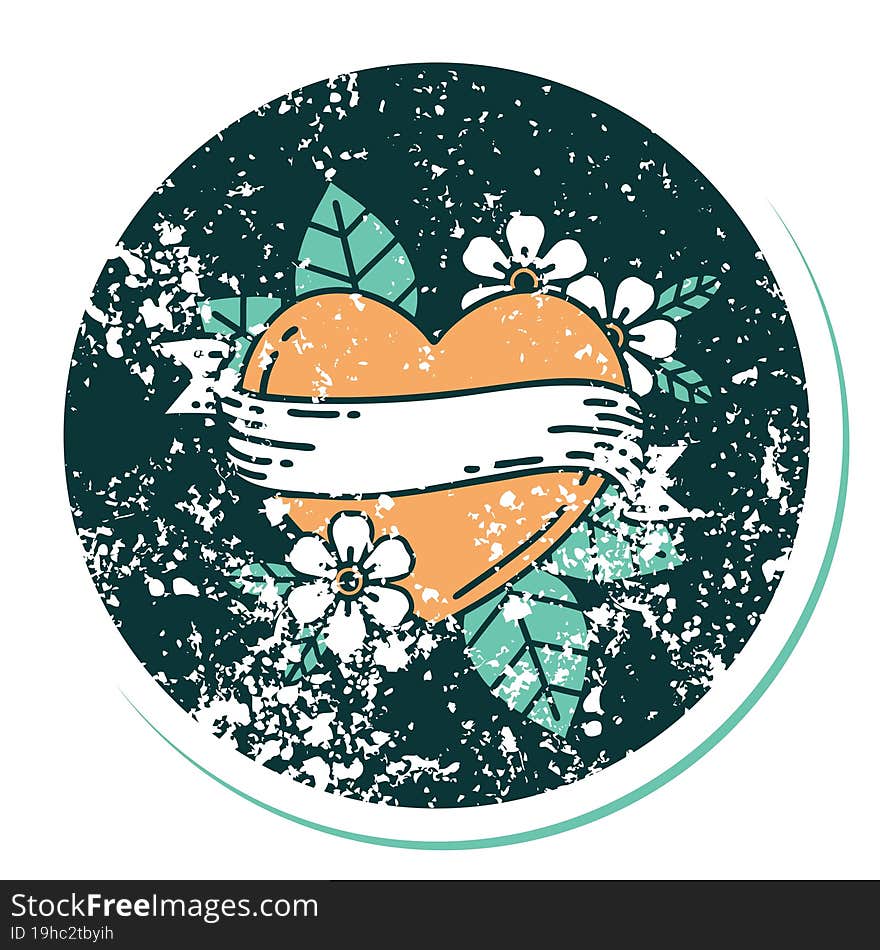 Distressed Sticker Tattoo Style Icon Of A Heart And Banner