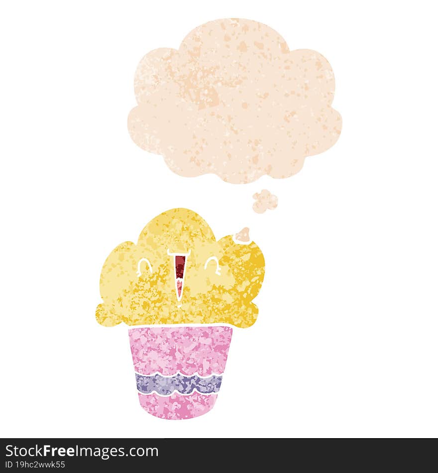 cartoon cupcake with face and thought bubble in retro textured style