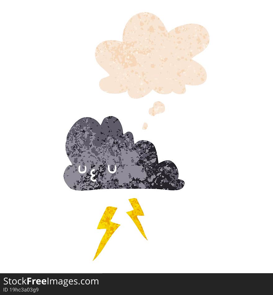 cartoon storm cloud and thought bubble in retro textured style