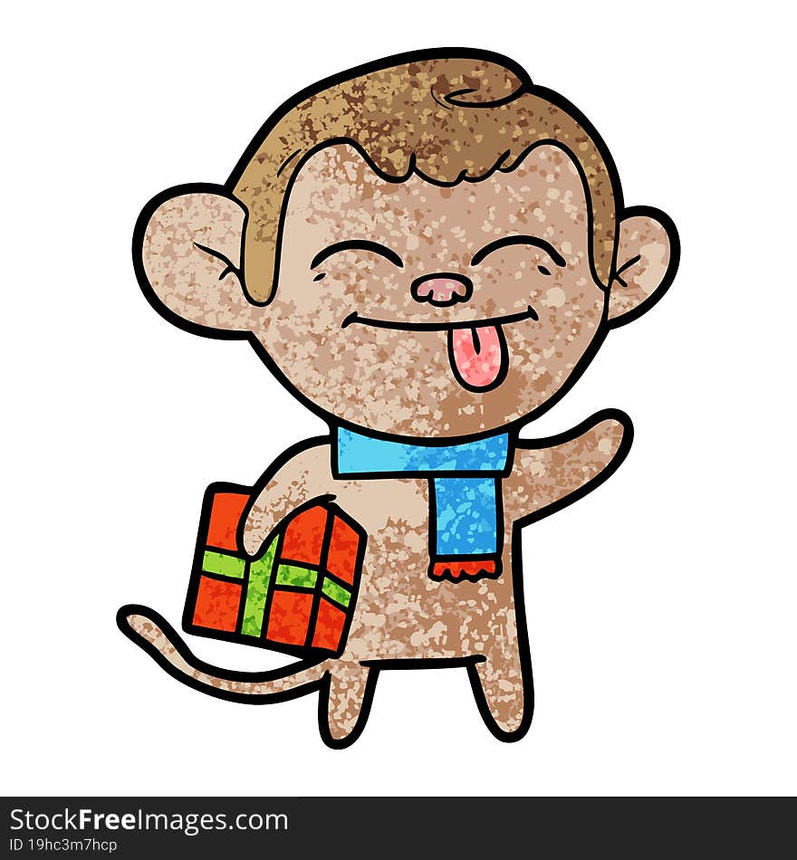 funny cartoon monkey with christmas present. funny cartoon monkey with christmas present