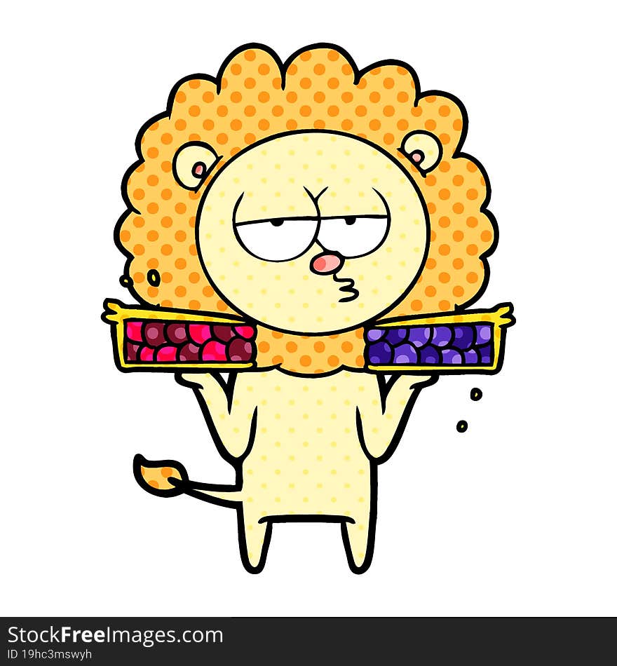 cartoon bored lion with pies. cartoon bored lion with pies