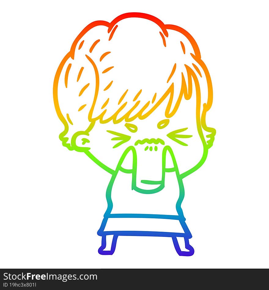 rainbow gradient line drawing of a cartoon frustrated woman