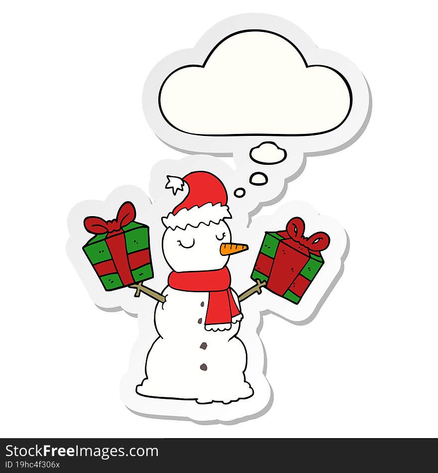 cartoon snowman and thought bubble as a printed sticker