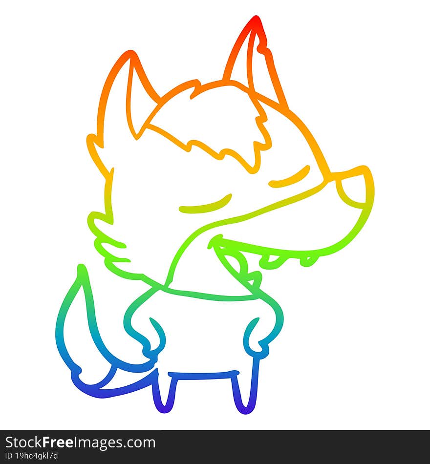 rainbow gradient line drawing of a cartoon wolf laughing