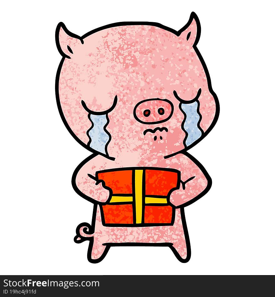 cartoon pig crying over christmas present. cartoon pig crying over christmas present