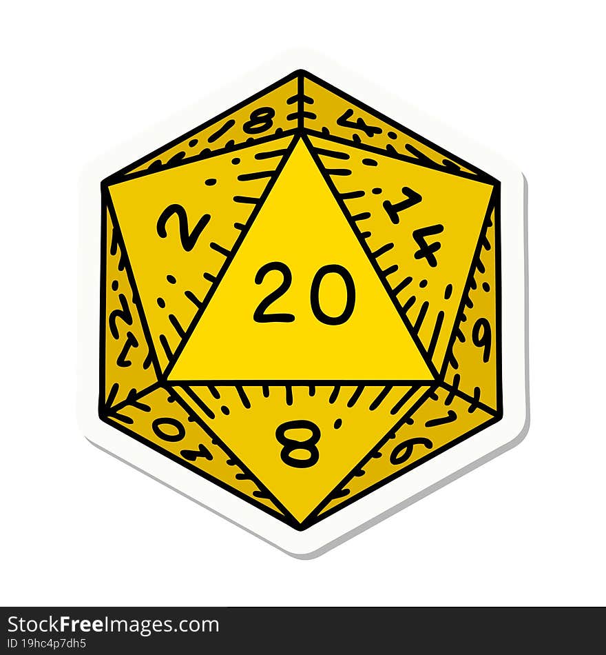 sticker of tattoo in traditional style of a d20 dice. sticker of tattoo in traditional style of a d20 dice