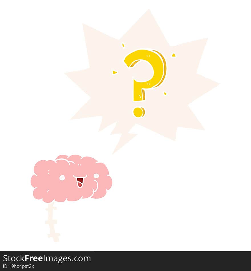 cartoon curious brain and speech bubble in retro style