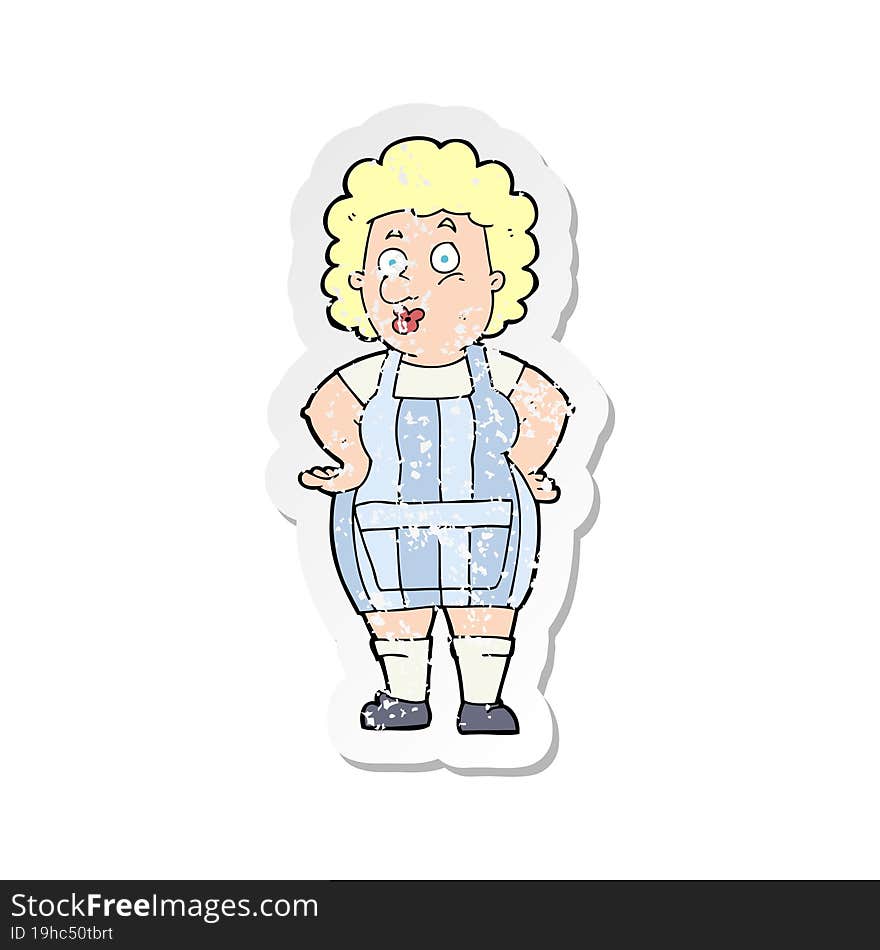 retro distressed sticker of a cartoon woman in kitchen apron