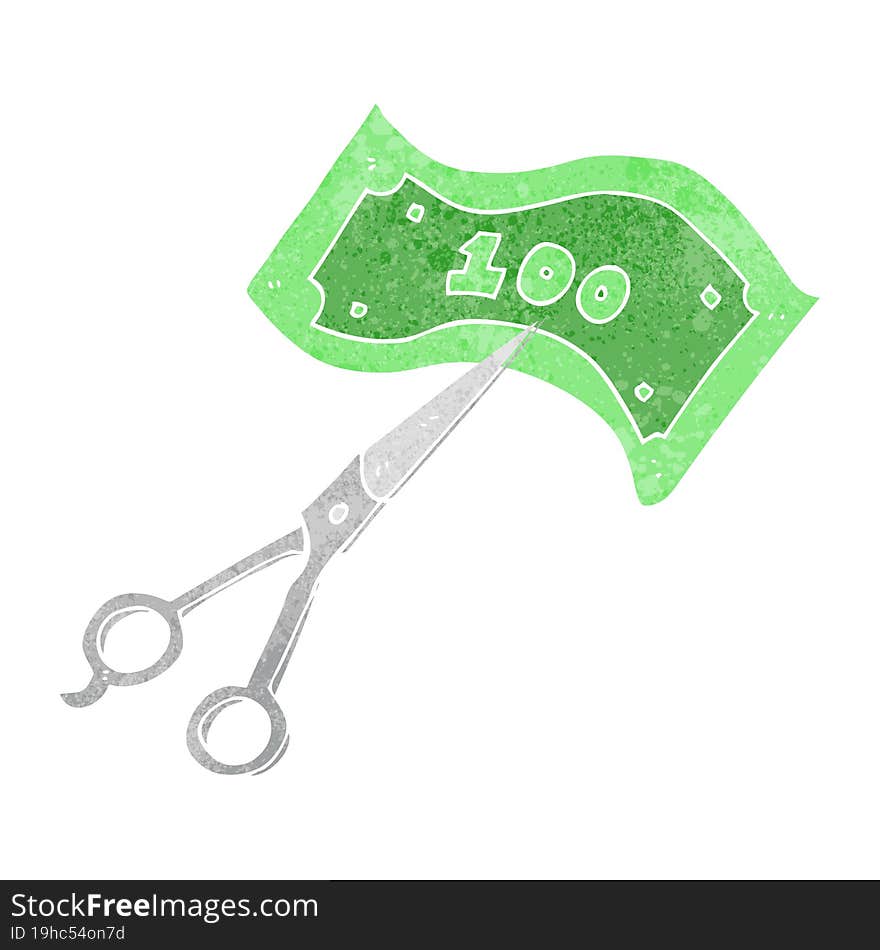 freehand drawn retro cartoon scissors cutting money