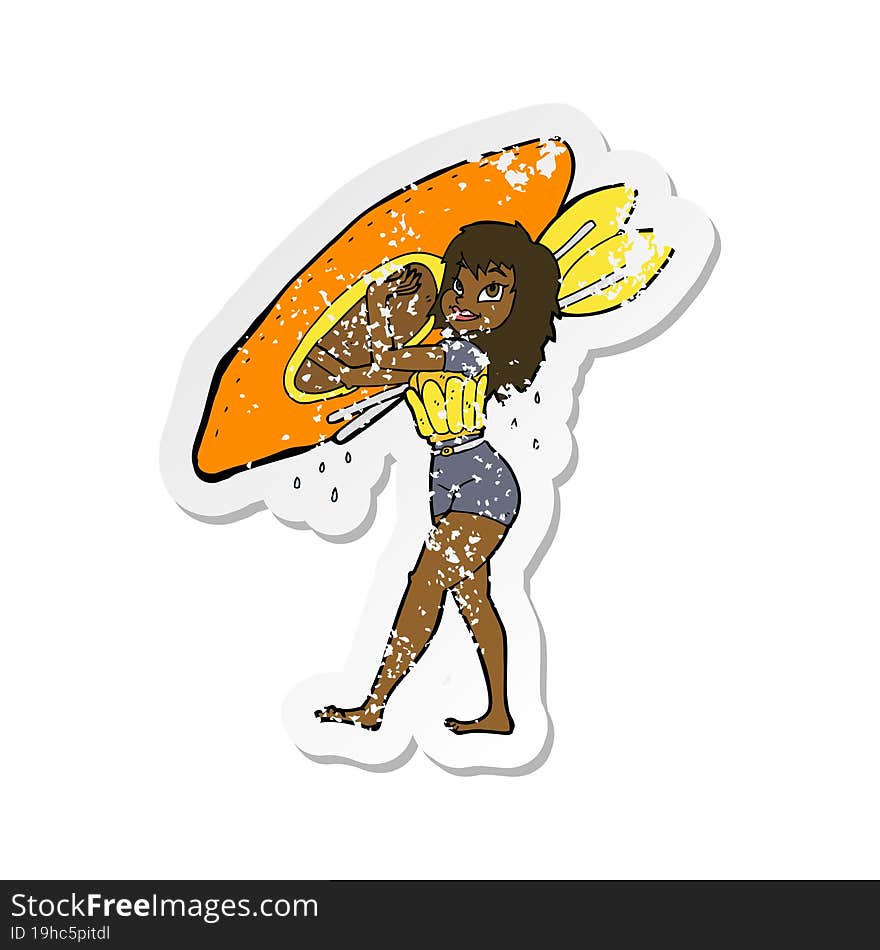 Retro Distressed Sticker Of A Cartoon Woman Carrying Canoe