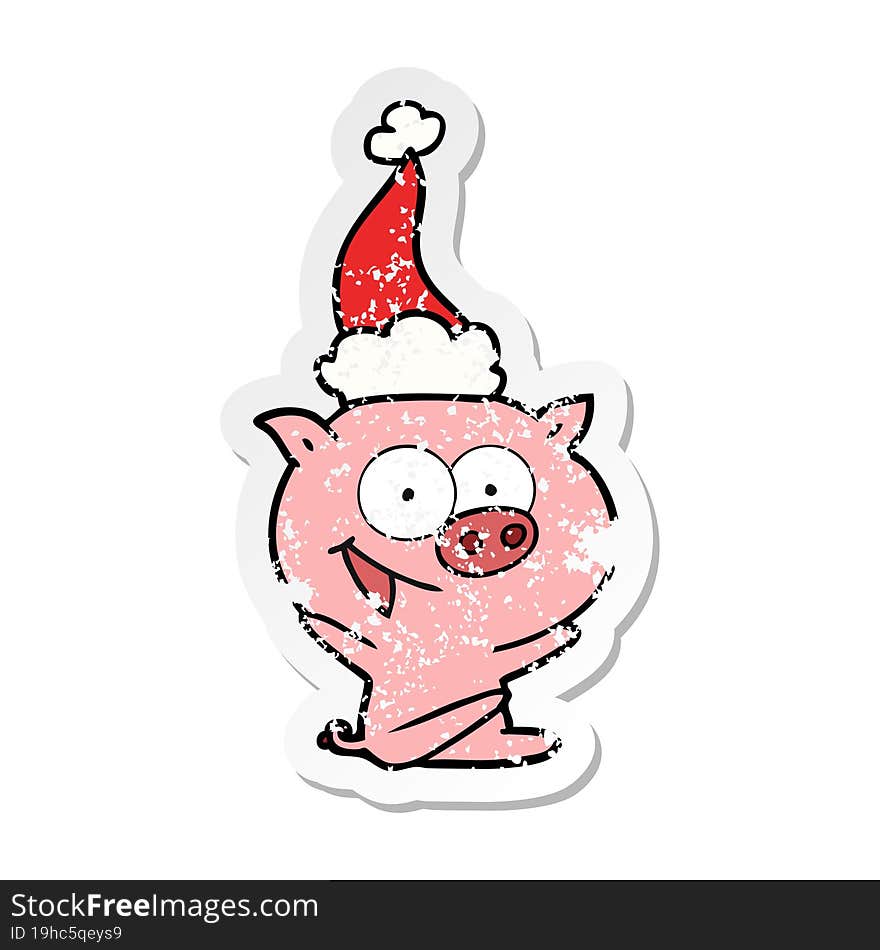 Cheerful Sitting Pig Distressed Sticker Cartoon Of A Wearing Santa Hat