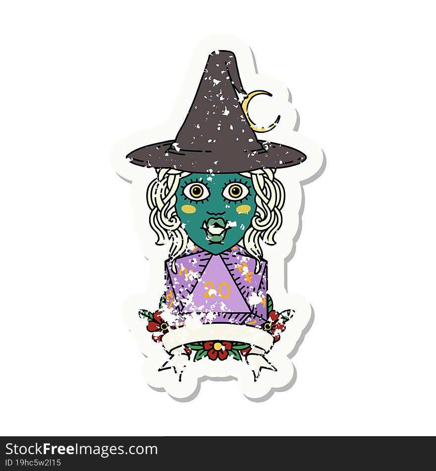 half orc witch character with natural 20 dice roll illustration