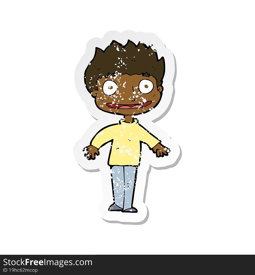 retro distressed sticker of a cartoon excited boy