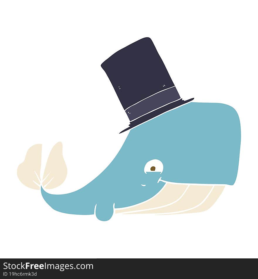 flat color illustration of a cartoon whale in top hat