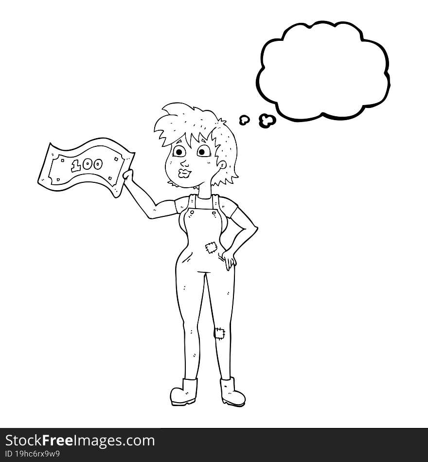 thought bubble cartoon confident farmer woman with money