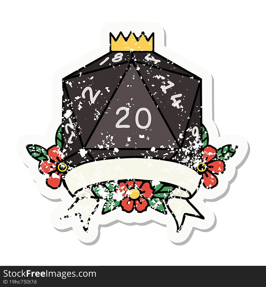 natural 20 critical hit D20 dice roll grunge sticker