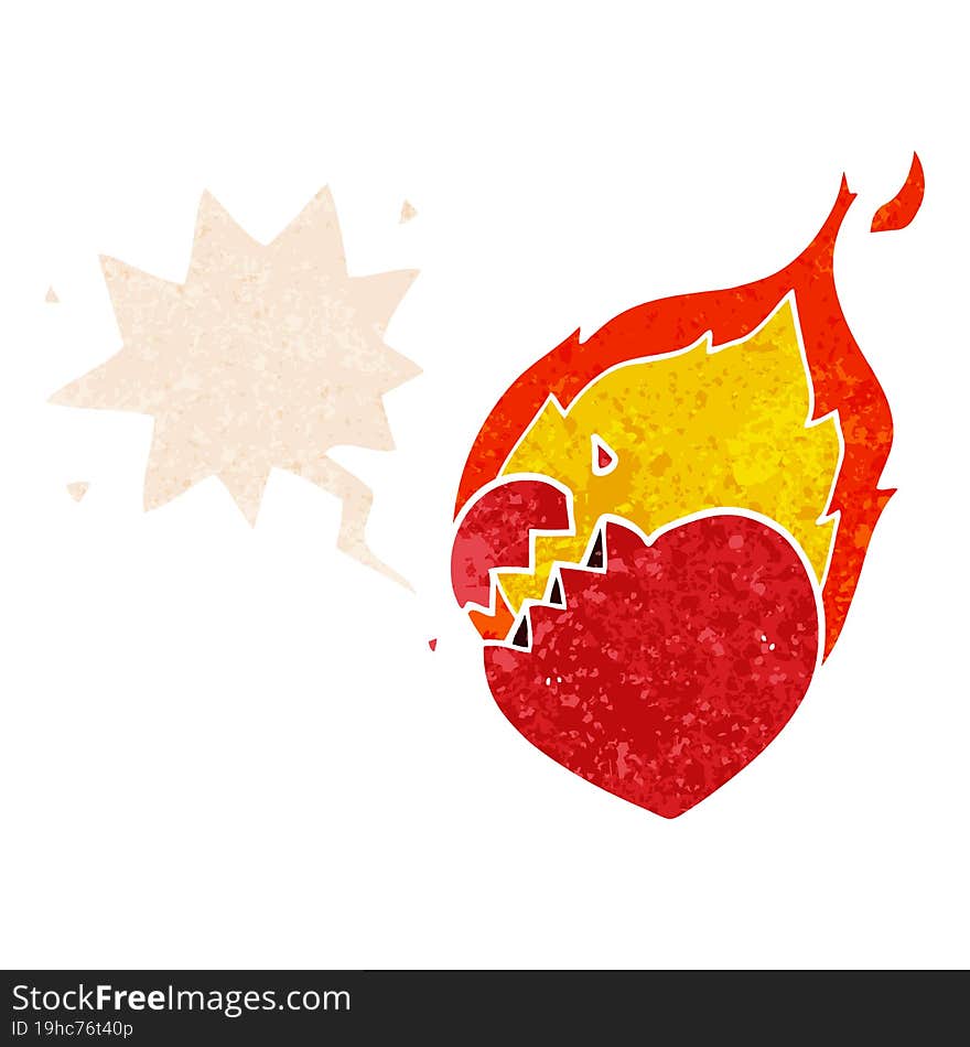 Cartoon Flaming Heart And Speech Bubble In Retro Textured Style