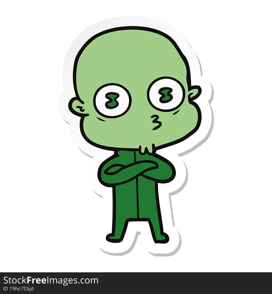 sticker of a cartoon weird bald spaceman