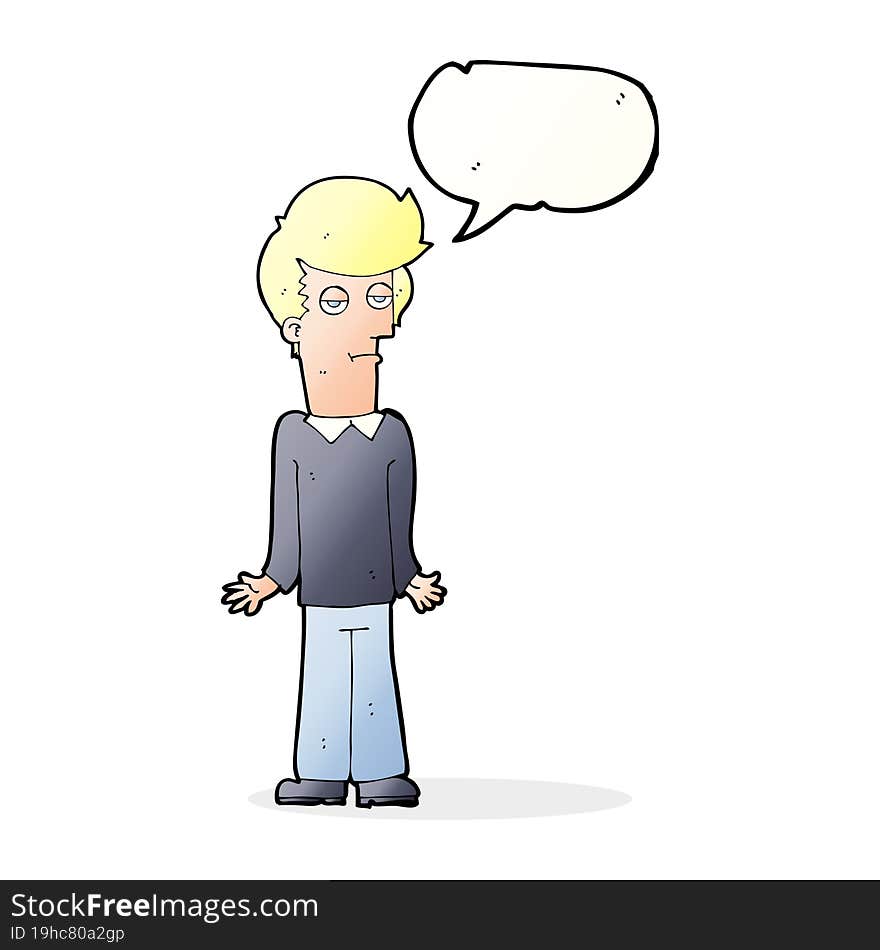 cartoon bored man shrugging shoulders with speech bubble