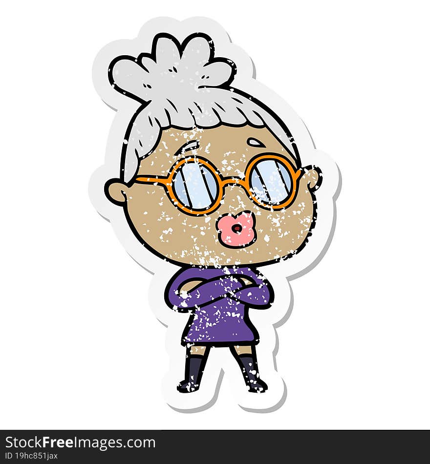 distressed sticker of a cartoon woman wearing spectacles