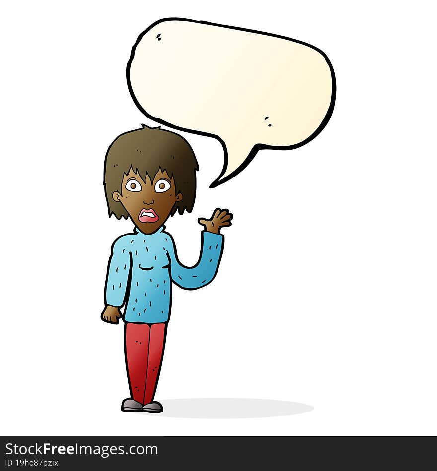 cartoon shocked woman waving hand with speech bubble