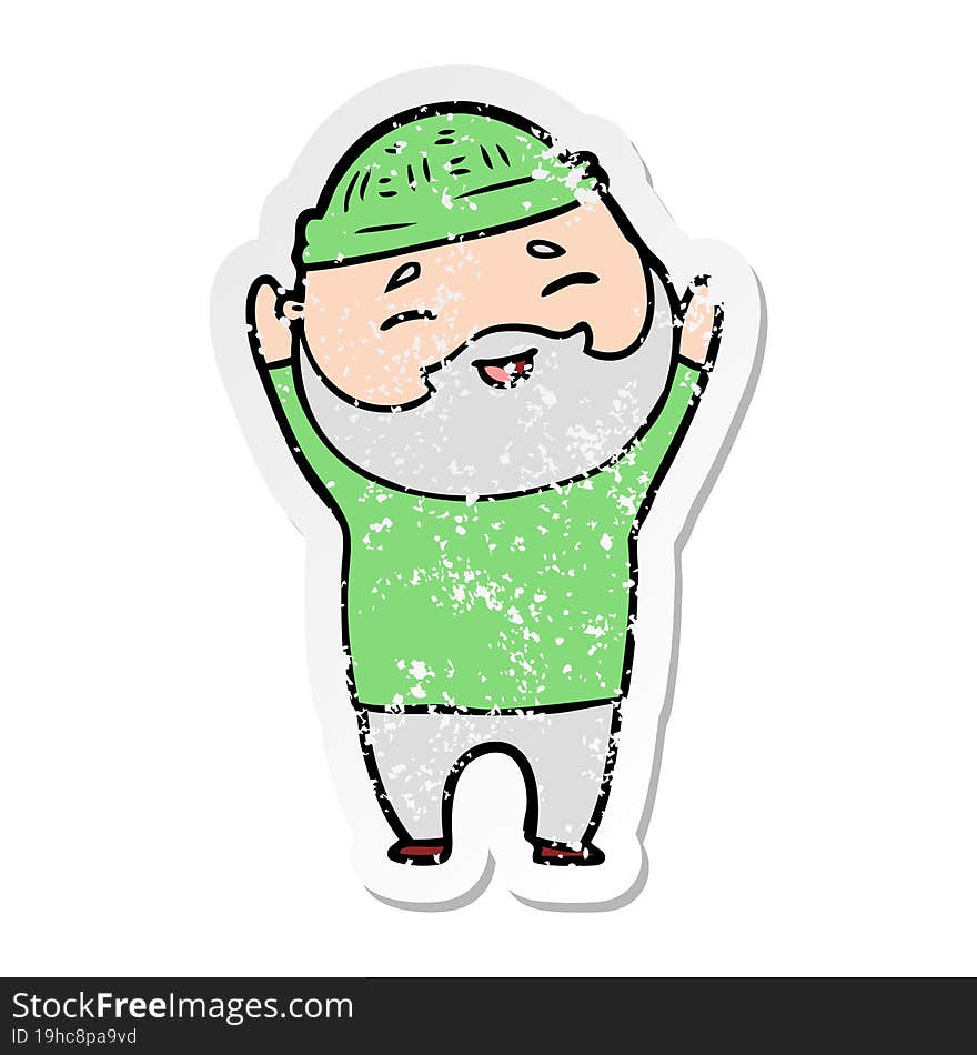 Distressed Sticker Of A Cartoon Happy Bearded Man