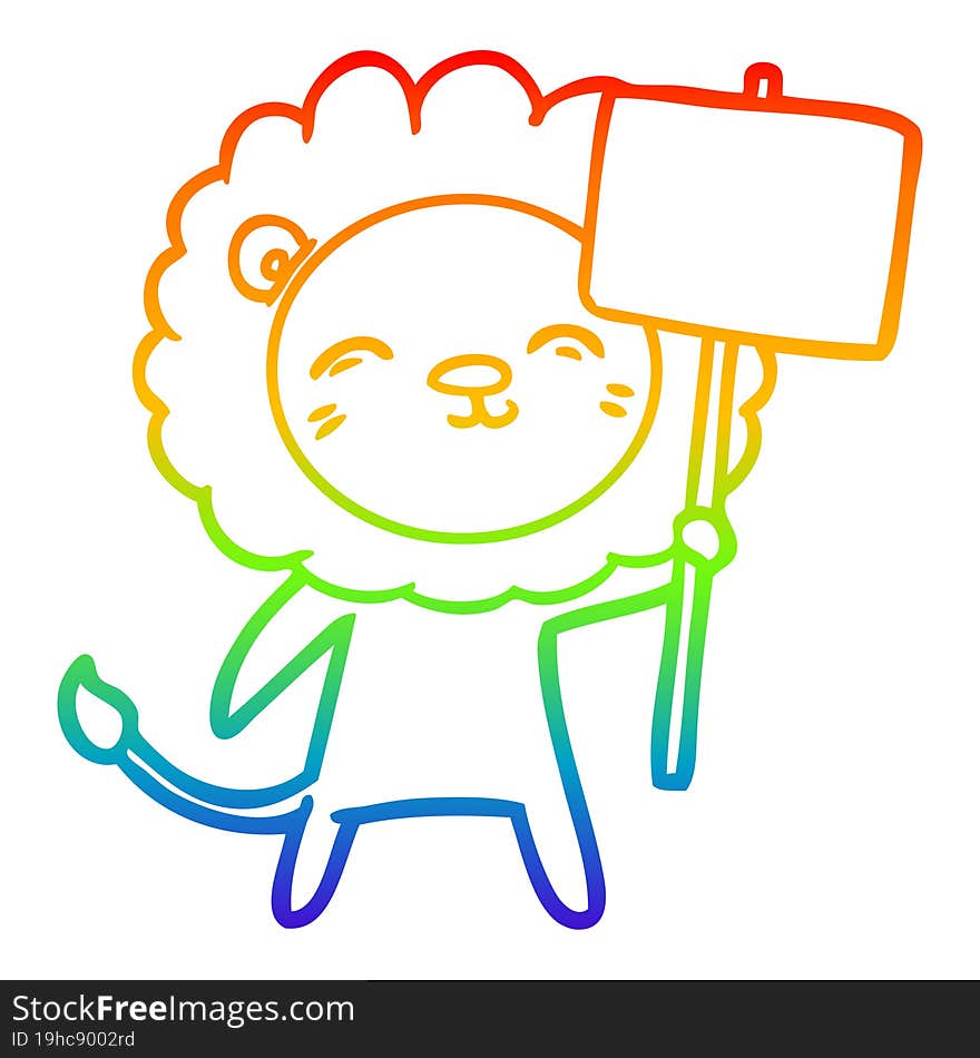 rainbow gradient line drawing of a cartoon lion with protest sign