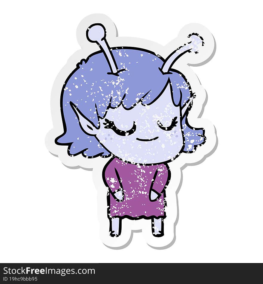 Distressed Sticker Of A Smiling Alien Girl Cartoon