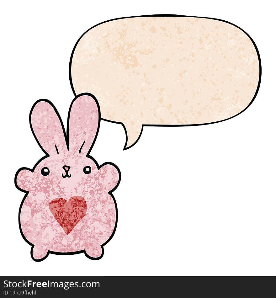 cute cartoon rabbit and love heart and speech bubble in retro texture style