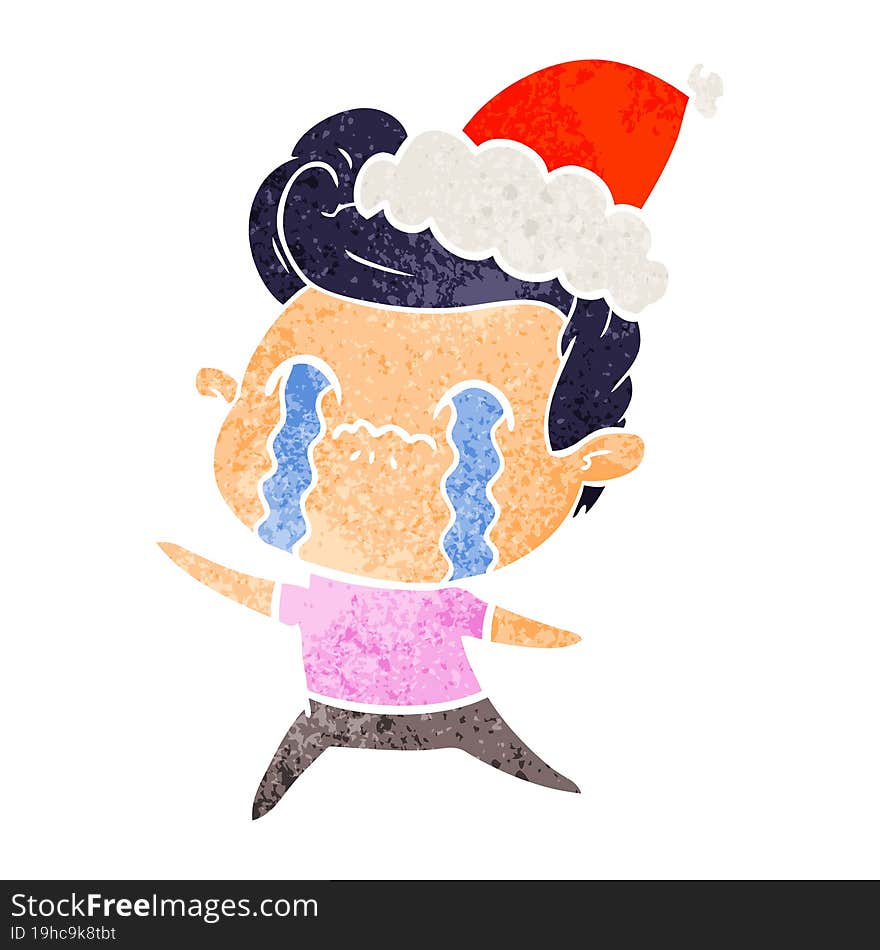 retro cartoon of a man crying wearing santa hat