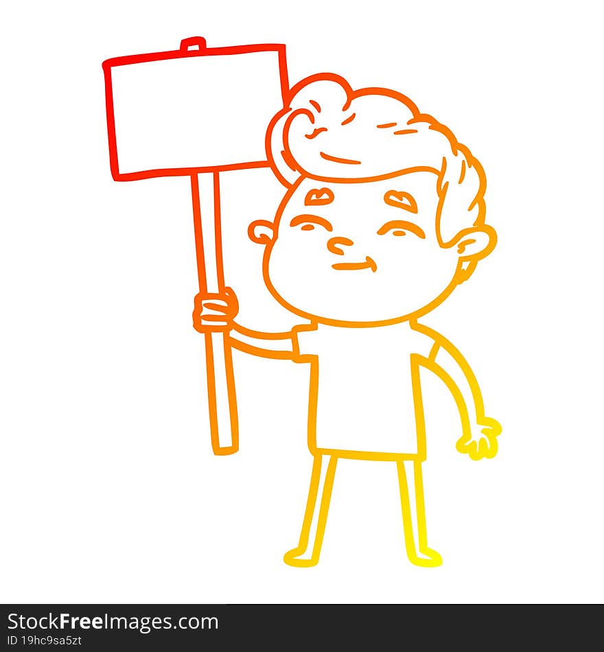 warm gradient line drawing happy cartoon man with sign