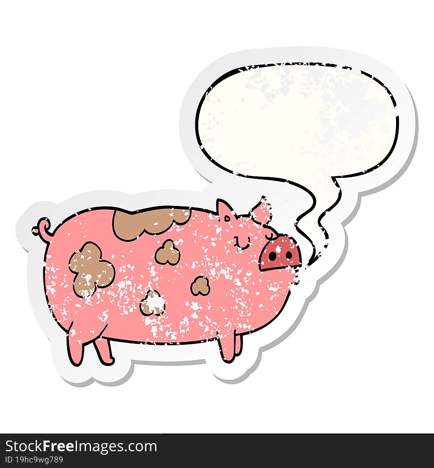 cartoon pig and speech bubble distressed sticker