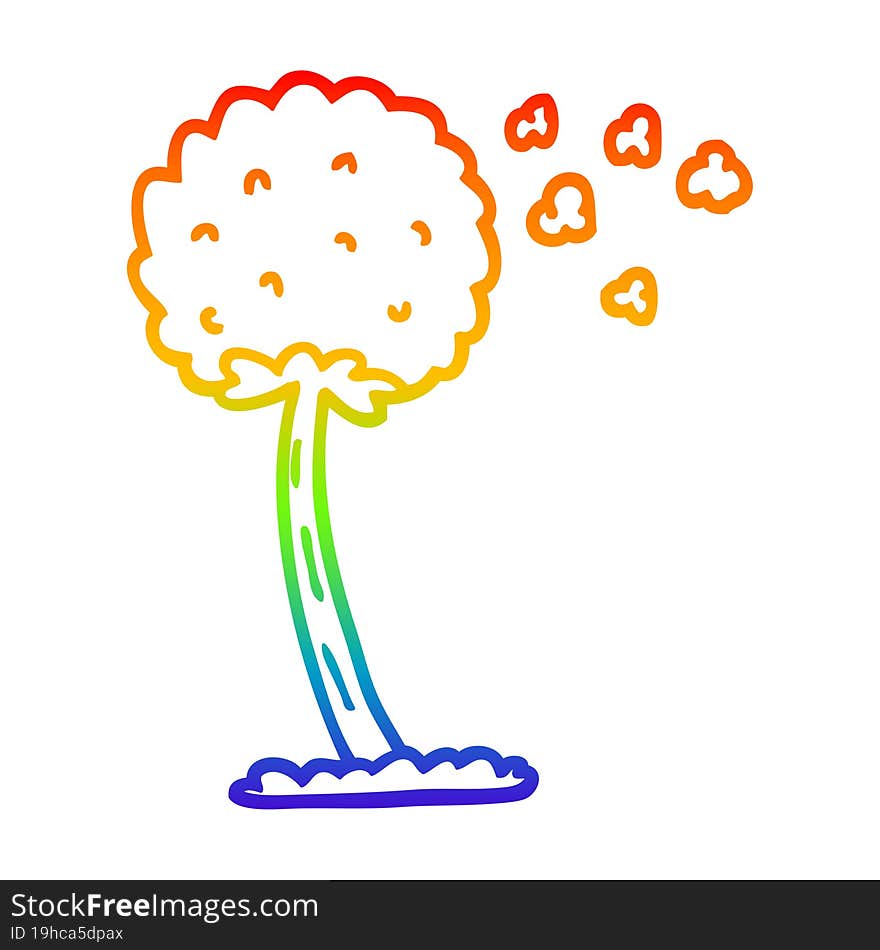 rainbow gradient line drawing of a cartoon dandelion blowing in wind