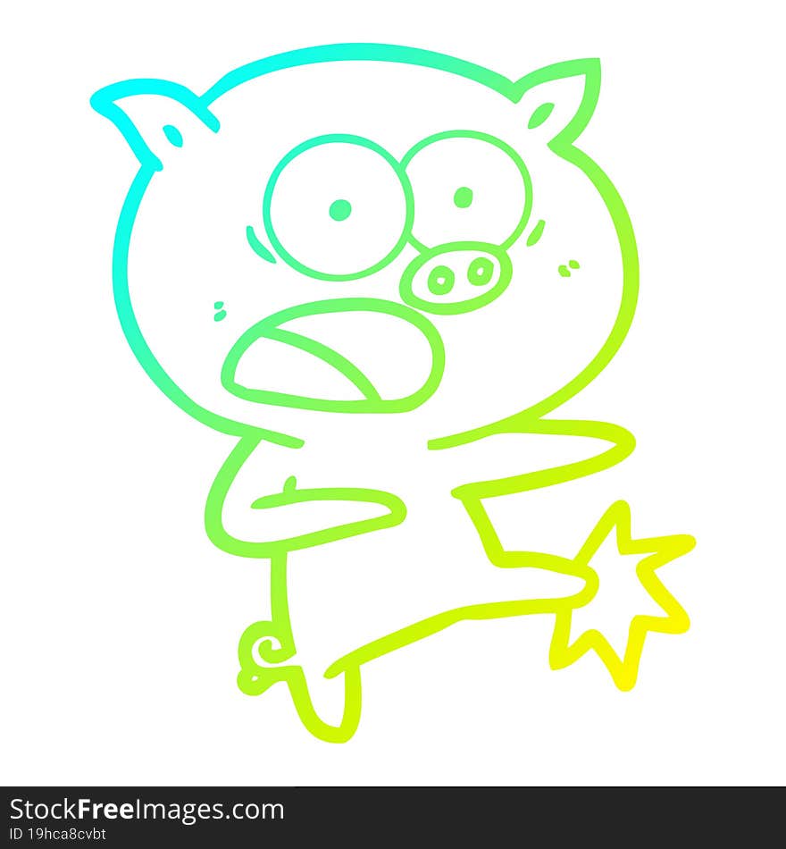 cold gradient line drawing cartoon pig shouting and kicking