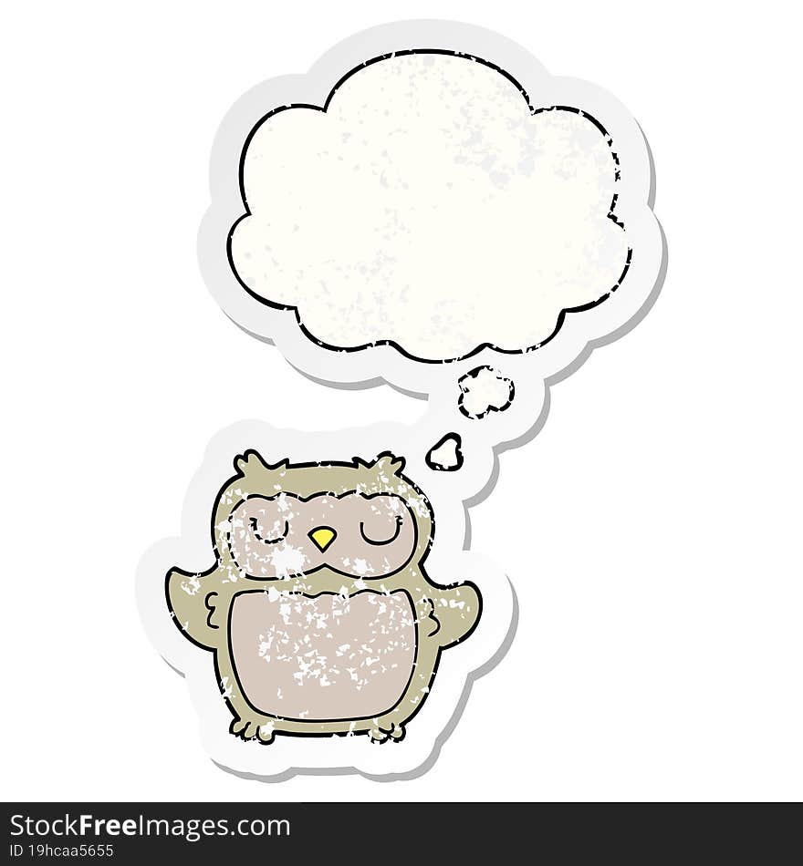 cartoon owl and thought bubble as a distressed worn sticker