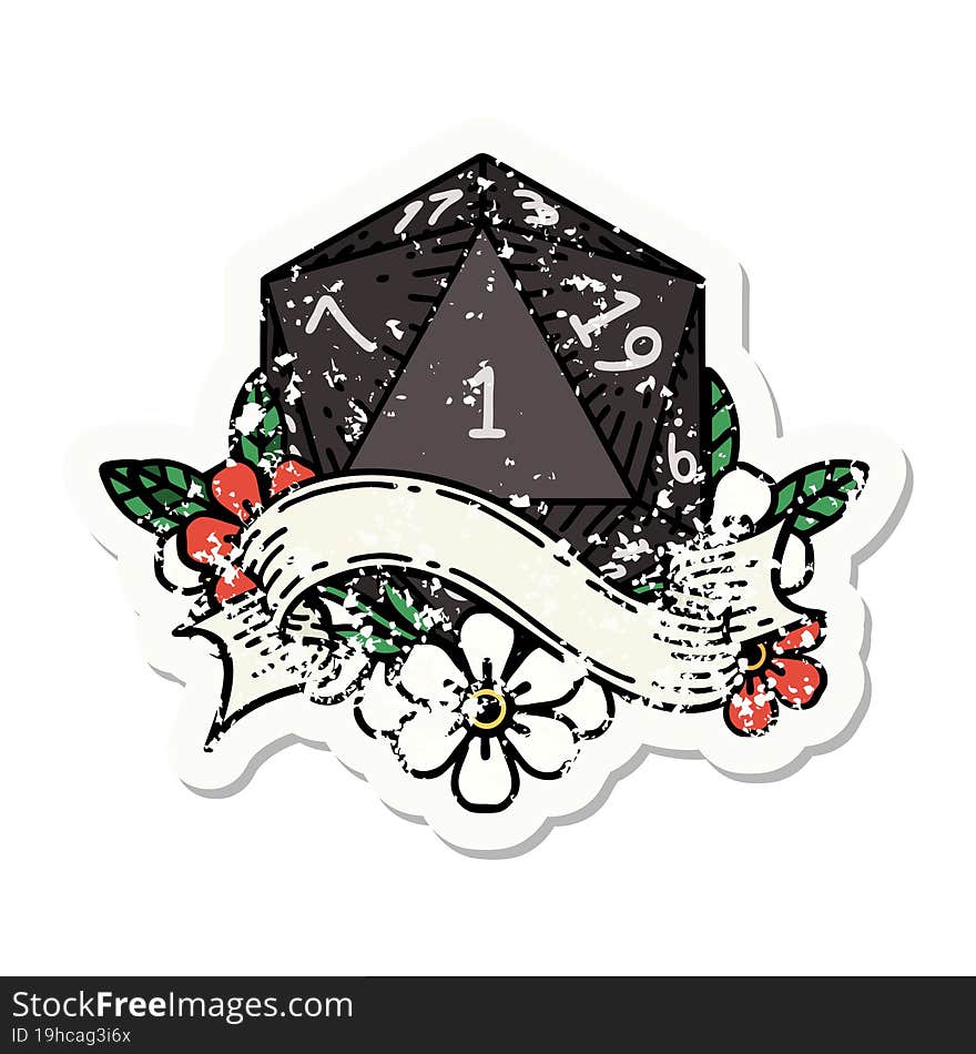 grunge sticker of a natural one d20 dice roll. grunge sticker of a natural one d20 dice roll