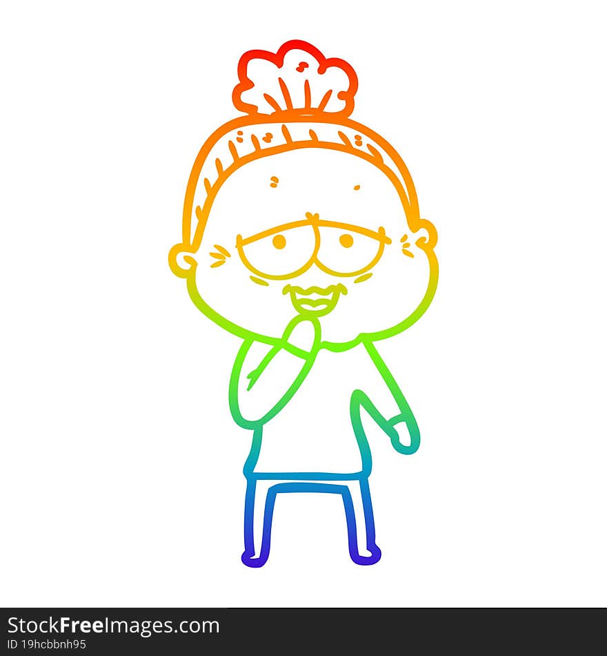 rainbow gradient line drawing of a cartoon happy old lady