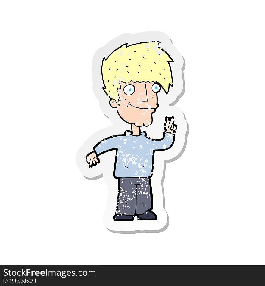 retro distressed sticker of a cartoon man giving peace sign