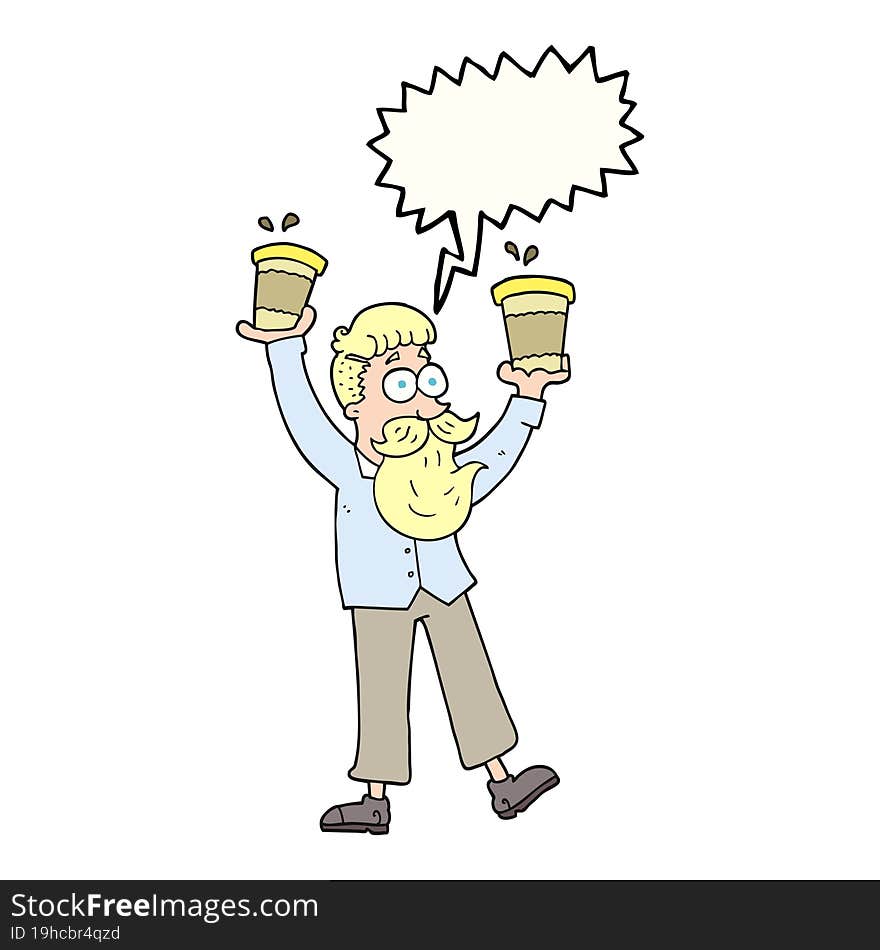 speech bubble cartoon man with coffee cups