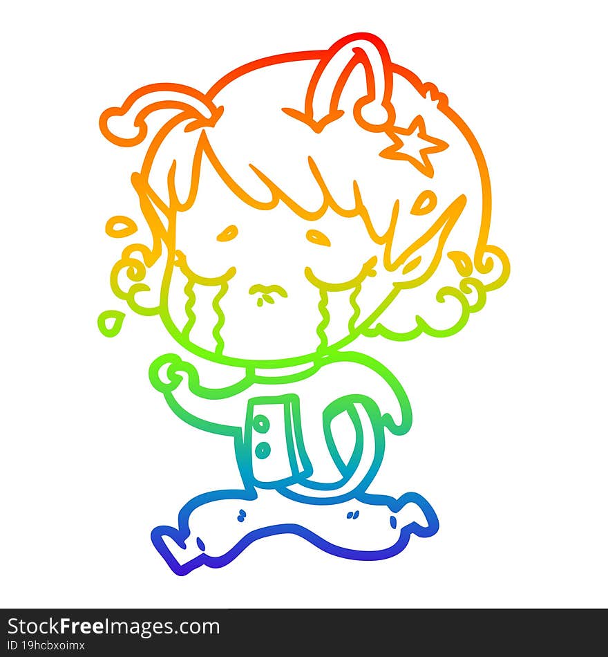 rainbow gradient line drawing cartoon crying alien girl