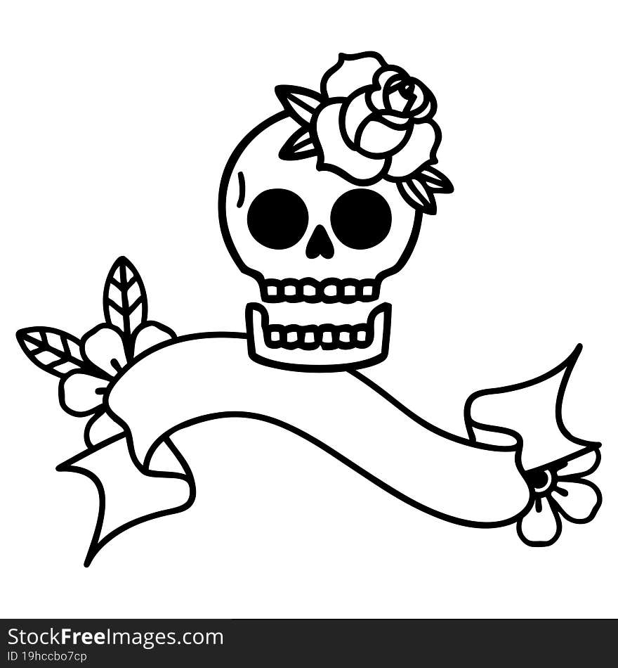 black linework tattoo with banner of a skull and rose