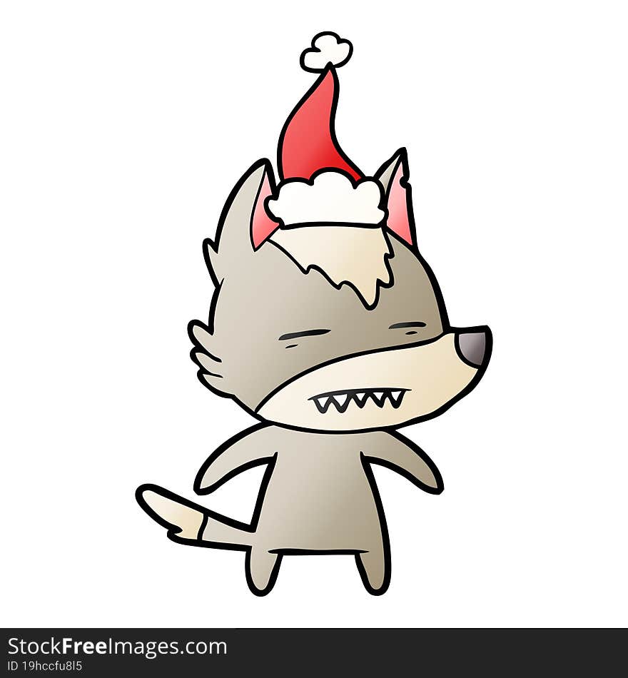 hand drawn gradient cartoon of a wolf showing teeth wearing santa hat