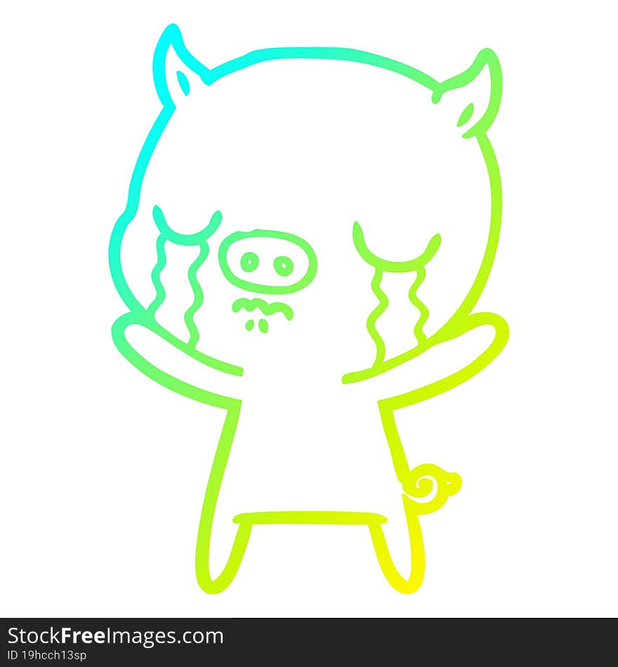 Cold Gradient Line Drawing Cartoon Pig Crying