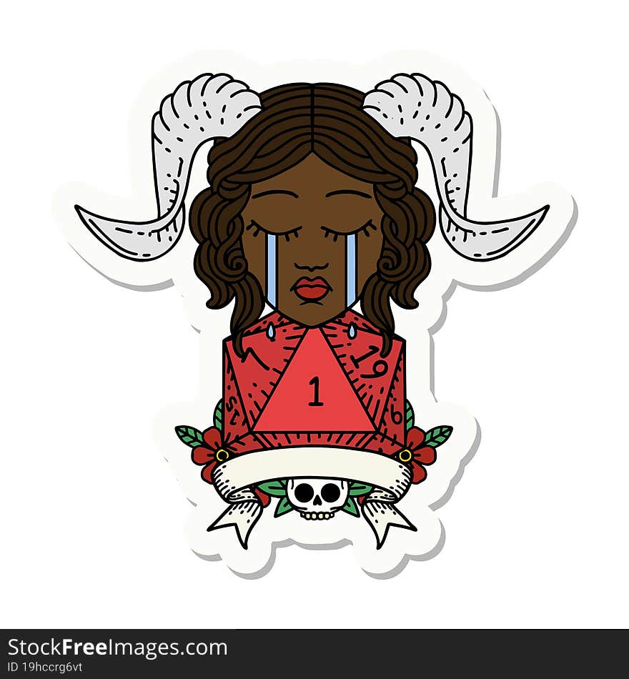 sticker of a crying tiefling with natural one D20 dice roll. sticker of a crying tiefling with natural one D20 dice roll