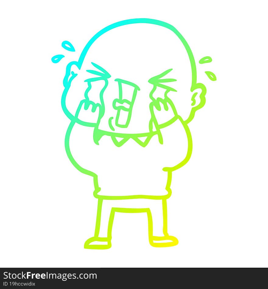 cold gradient line drawing cartoon crying bald man